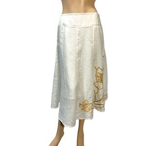 Lino USA Linen A-Line Midi Skirt Size 1X XL Women’s  White Gold Embroidered